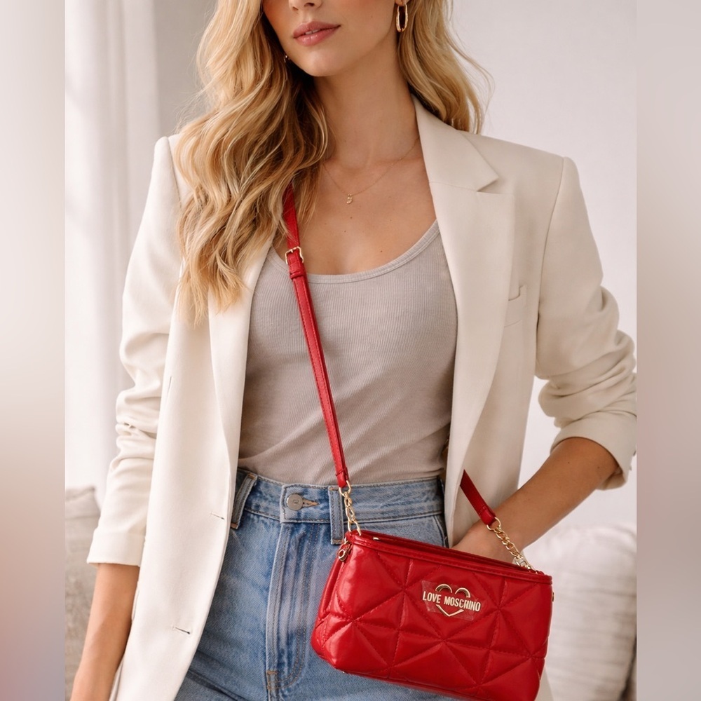 Love Moschino Red Quilted Crossbody Bag Double Zip NWT - Picture 2 of 14